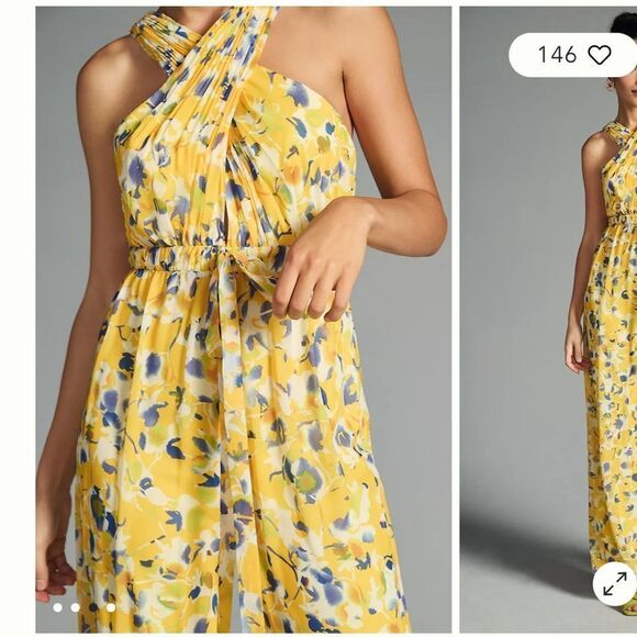 NWT Mac Duggal Ieena Yellow Crossed Halter Tie Waist Jumpsuit floral print Sz 6 - Picture 6 of 15